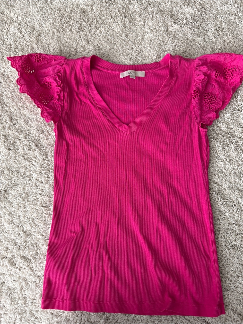 LOFT Bright Fuchsia V-Neck Top with Lace Flutter Sleeves